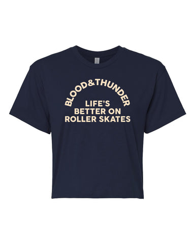Life's Better on Roller Skates Arch Navy Blue Crop Top