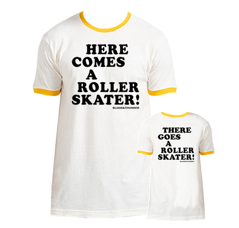 Here Comes a Roller Skater White/Yellow Ringer T-Shirt